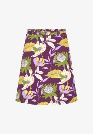 Paarse A-lijn rok van stof met witte, groene en gele bloemen en bladeren. Inclusief een bijpassende riem in de taille.