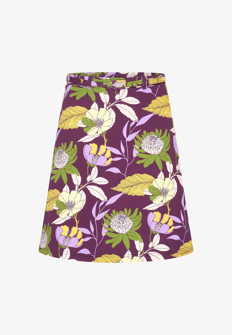 Hortensia A-kielinen hame purppuran värisestä kankaasta, jossa on valkoisia, vihreitä ja keltaisia kukkia sekä lehtiä. Mukana vyö, joka sopii vyötärölle.