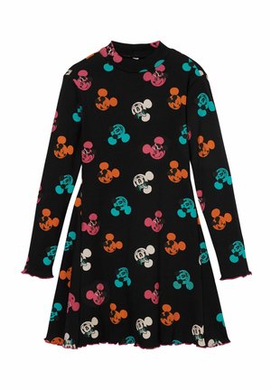 Robe noire à manches longues avec un col haut présentant des motifs répétés colorés de la tête de Mickey Mouse en rose, orange, sarcelle et blanc.