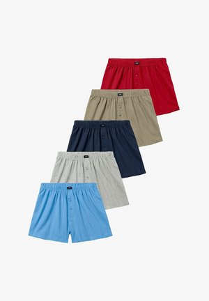 Fünf Paare Baumwoll-Boxershorts in Rot, Khaki, Marineblau, Grau und Hellblau. Mit einem elastischen Bund und Knöpfen vorne.