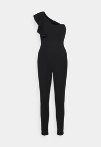 Czarny kombinezon z jednym ramiączkiem i falbaniastym akcentem, zwężany u dołu, dopasowana góra, wykonany z gładkiego materiału.