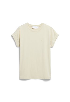 Crème korte mouwen T-shirt van zachte stof. Heeft een ronde halslijn en een klein logo op de borst. Heeft een gladde structuur zonder patronen.