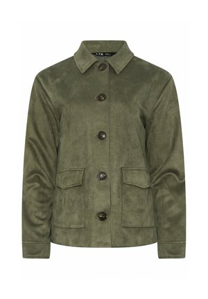 Veste boutonnée en daim vert olive à manches longues, col pointu et deux poches avant à rabat.