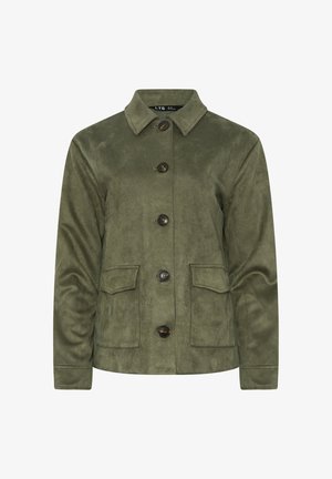 Giacca in camoscio verde oliva con bottoni, maniche lunghe, colletto appuntito e due tasche a patta frontali.