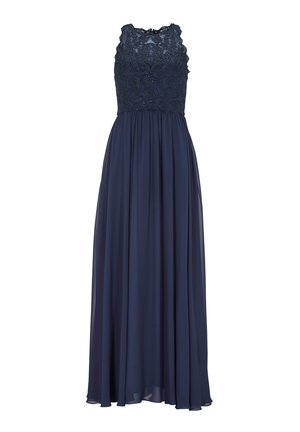 Abito lungo blu navy con un corpo in pizzo decorato con ricami floreali, design senza maniche e una gonna fluida realizzata in tessuto leggero.