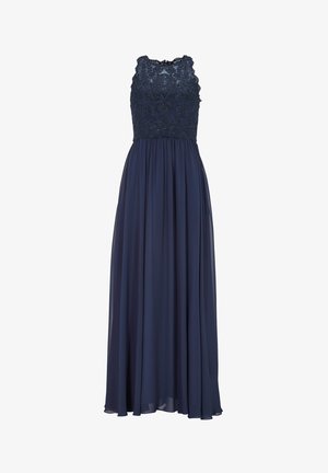 Abito lungo blu navy con un corpo in pizzo decorato con ricami floreali, design senza maniche e una gonna fluida realizzata in tessuto leggero.