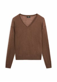 Brązowy sweter z dekoltem w serek, z długimi rękawami, lekkim splotem dzianiny, ściągaczami przy mankietach i u dołu, o luźnym kroju.