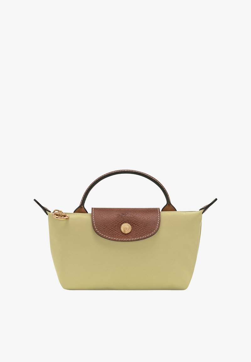 Light green nylon bag with a brown leather flap, gold-tone snap closure, and short handle. Features a smooth texture and subtle ribbed pattern.