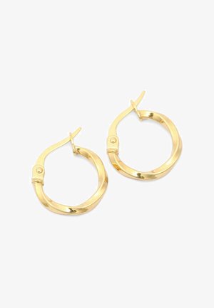 Pari pieniä kiertyneitä kultarenkaita, joissa on saranalliset lukot, valkoisella taustalla.