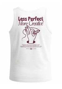 White sleeveless tank top featuring maroon text and an abstract hand graphic holding a pencil, with text that promotes creativity over perfection.
