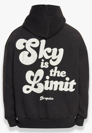 Black sweatshirt featuring a hood and large white text on the back: "Sky is the Limit" with "Dropsize" logo below. Soft fabric, relaxed fit.