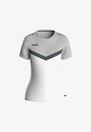 Weißes Sport-T-Shirt mit grauen Akzenten, featuring einen strukturierten oberen Abschnitt und ein Chevron-Muster. JAKO-Logo auf der Vorderseite. Kurze Ärmel.