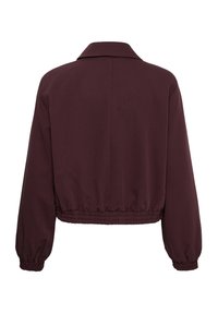 Veste marron foncé à manches longues avec poignets et taille élastiques, avec un col et un dos uni.