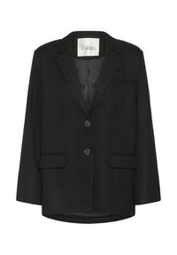 Blazer noir à simple boutonnage avec revers crantés, deux boutons, deux poches avant à rabat et doublure intérieure à motif portant l'étiquette "My Essential Wardrobe."