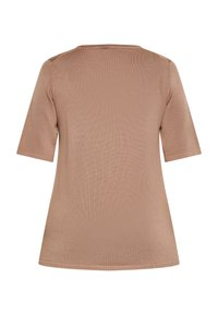 Bruin T-shirt met korte mouwen, gemaakt van ribstof met een relaxte pasvorm, ronde halslijn en een gladde textuur. Minimalistisch ontwerp zonder extra details.
