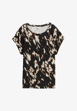 Zwart short-sleeve top met een abstract bruin en crème patroon, gladde textuur, ronde hals en een losse pasvorm. Lichtgewicht materiaal.