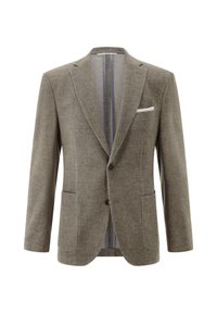 Men’s single-breasted brown tweed blazer with notch lapels, two front patch pockets, and a white pocket square in the chest pocket.