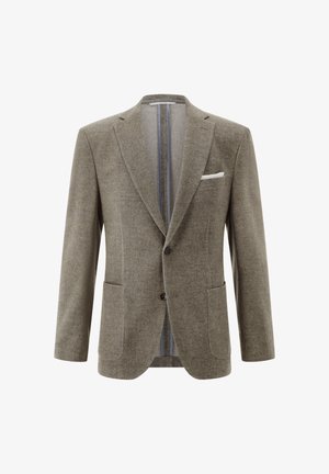 Männlicher einreihiger brauner Tweed-Blazer mit Reverskragen, zwei aufgesetzten Taschen vorne und einem weißen Taschentuch in der Brusttasche.