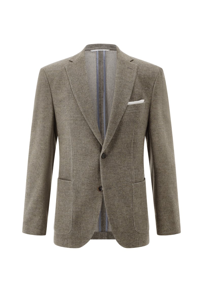 Men’s single-breasted brown tweed blazer with notch lapels, two front patch pockets, and a white pocket square in the chest pocket.