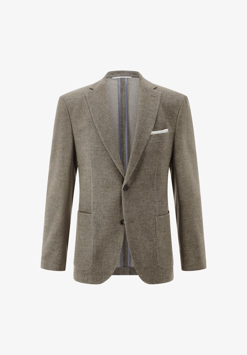 Men’s single-breasted brown tweed blazer with notch lapels, two front patch pockets, and a white pocket square in the chest pocket.