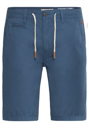 Blå shorts lavet af letvægtsstof med knaplukning, snor med læderdetaljer og sidelommer.
