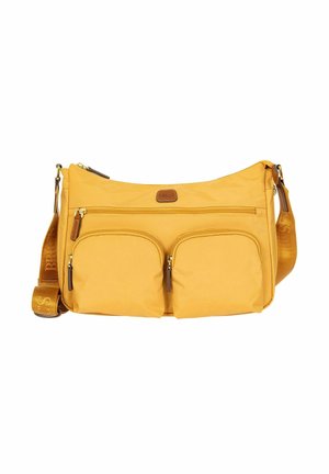 Borsa a tracolla gialla con tracolla regolabile, due tasche frontali con zip e un compartimento superiore con zip, realizzata in tessuto liscio.