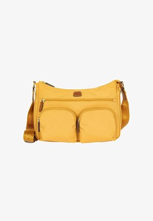 Sac bandoulière jaune avec bandoulière ajustable, deux poches avant zippées et un compartiment supérieur zippé, en tissu lisse.