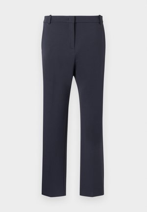 Dark navy tailored trousers with a smooth texture, straight leg design, belt loops, and front pockets. Simple and clean aesthetic.