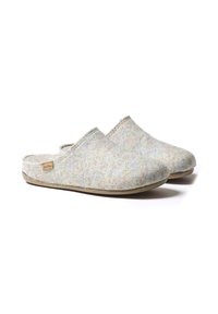 Felt slippers with a pastel multicolor pattern, open back, cushioned footbed, and a light brown rubber sole. Brand tag visible on side.