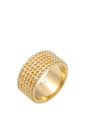 Anillo en tono dorado con una superficie texturizada que presenta pequeñas cuentas de metal, espaciadas uniformemente. Banda interior suave con un acabado pulido.