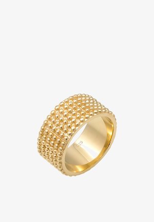 Pierścionek w kolorze złotym z teksturowaną powierzchnią, ozdobiony małymi, równomiernie rozmieszczonymi metalowymi koralikami. Gładka wewnętrzna obrączka z polerowanym wykończeniem.