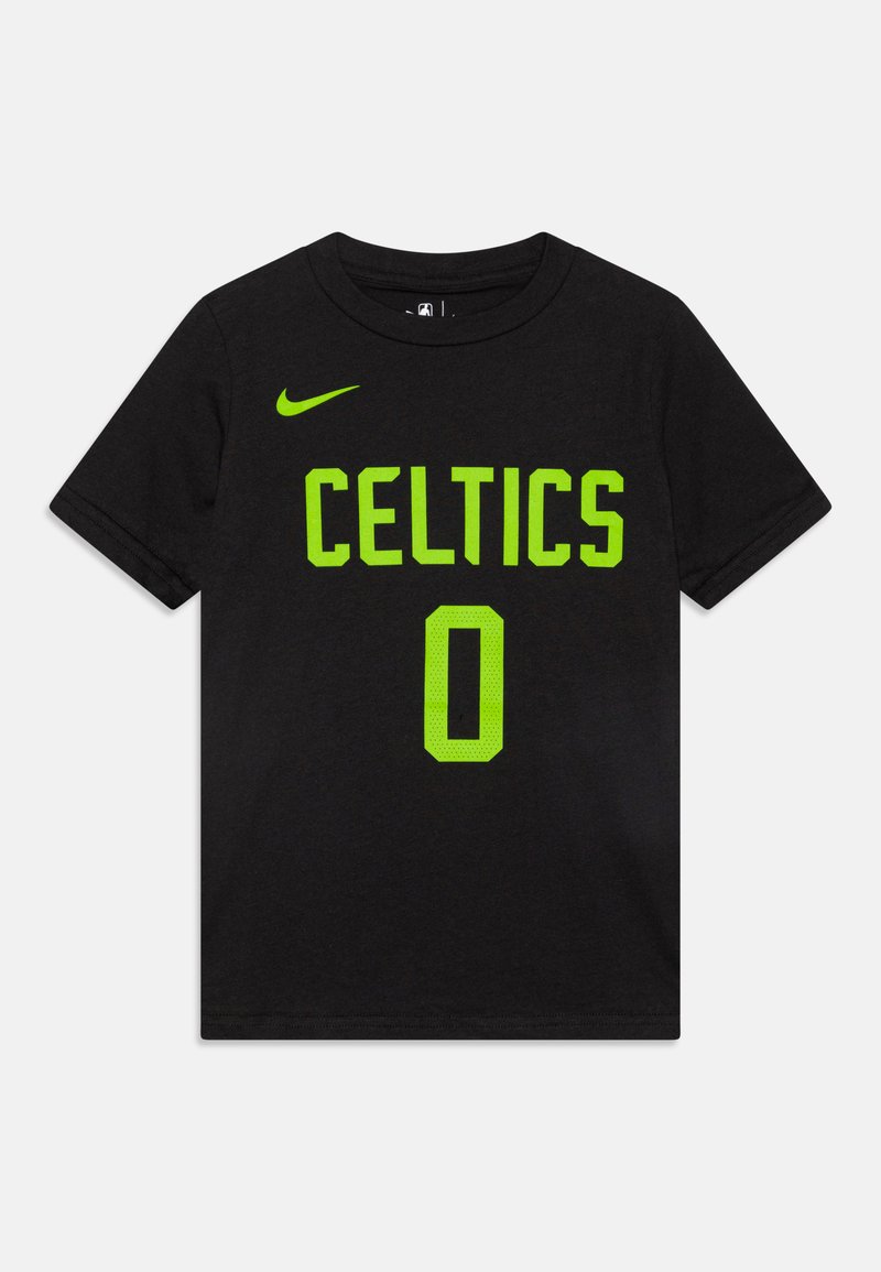 Black cotton t-shirt featuring “CELTICS” and a “0” in bright green, with a perforated texture. Nike logo on the left shoulder. Short sleeves.