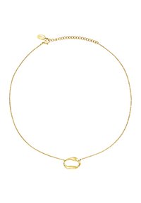 Gouden ketting met een abstracte luspendant, een gladde textuur en een verstelbare kettinglengte met een karabijnhaaksluiting.