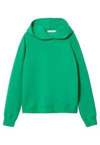 Sweat à capuche vert en tissu doux, avec un large col, des manches longues, et des poignets et ourlet côtelés. Design basique sans motifs.