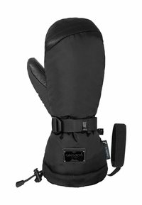 Schwarze isolierte Fausthandschuhe mit einer Lederhandfläche, einem verstellbaren Riemen, elastischem Bündchen und einem Markenlabel am Handgelenk. Strapazierfähiges und warmes Design.