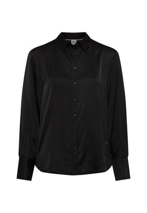 Schwarzes Satin-Hemd mit langen Ärmeln, klassischem Kragen, Knopfleiste und gerafften Bündchen. Glatte Textur und lockere Passform mit seitlichem Akzentdetail.