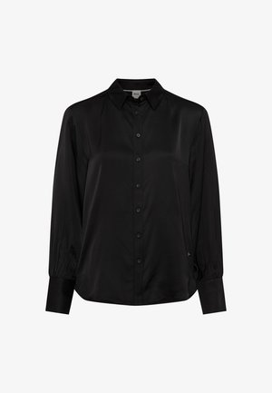 Black satin long-sleeve shirt with a classic collar, button placket, and gathered cuffs. Smooth texture and a relaxed fit with side accent detail.