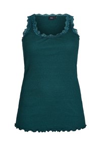 Azurkový top na ramienka s rebrovanou textúrou, s volánkovým čipkovým lemovaním okolo výstrihu a spodného lemu. Vyrobený z jemného, elastického materiálu.