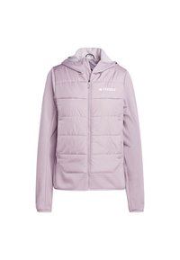 Giacca viola chiaro con zip frontale, cappuccio e una combinazione di tessuti imbottiti e lisci. Include due tasche frontali e dettaglio del logo.