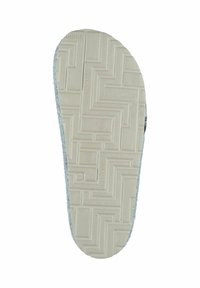 White rubber shoe sole with textured pattern, grey fabric edge, and embossed brand name. Features zigzag and circular design elements.