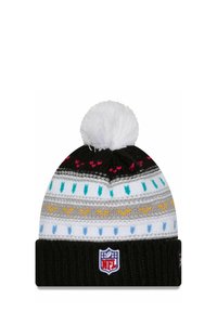 Strickmütze mit Pompon, in Schwarz-, Weiß- und Grautönen gestreift, verziert mit bunten Mustern in Gelb, Pink und Blau. NFL-Logo-Patch.