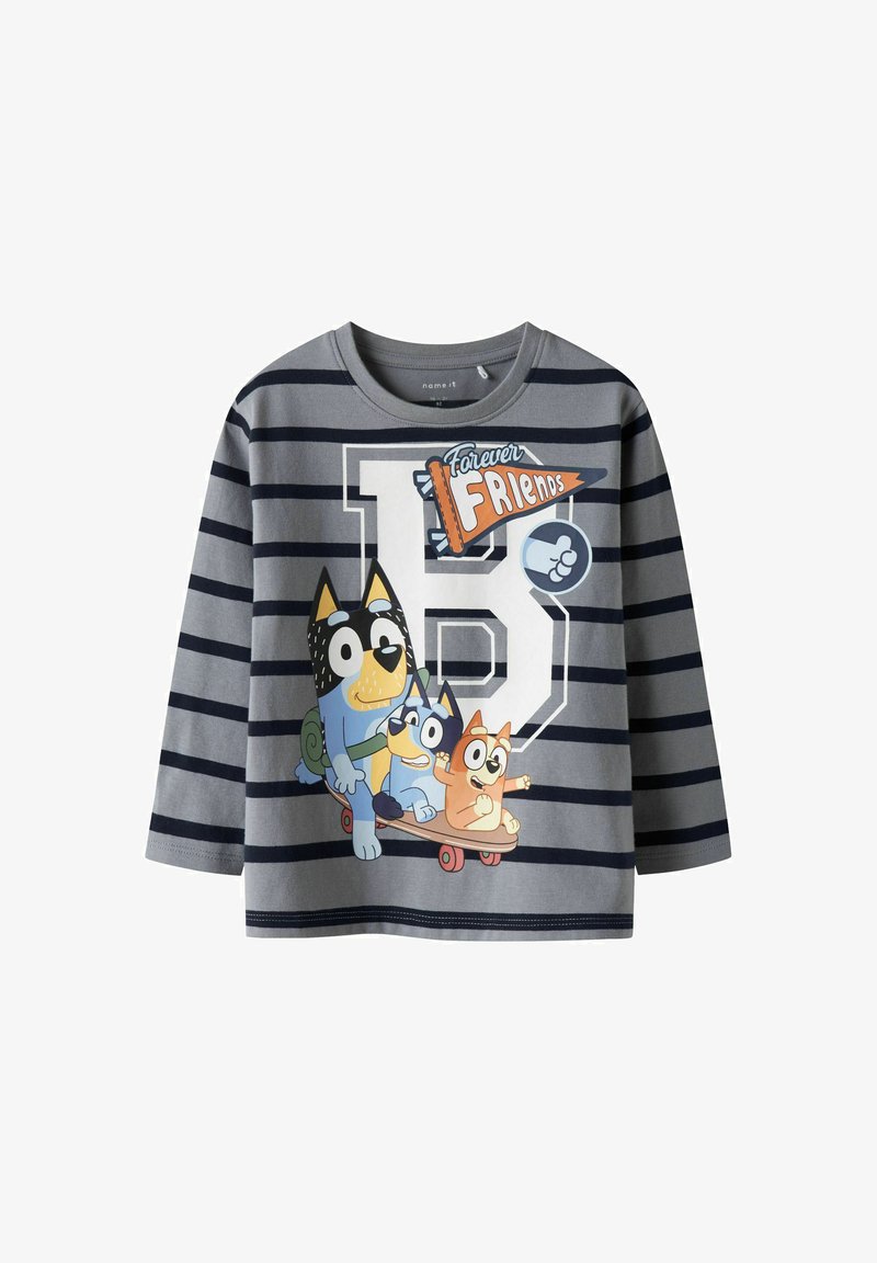 Pilkas ilgomis rankovėmis marškinėliai su jūriniais dryžiais, su spalvingu animaciniu piešiniu, vaizduojančiu tris šunis ant riedlentės su užrašu "Amžini draugai."