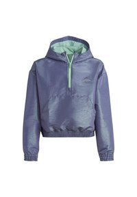 Lila huva med dragkedja fram, elastisk nederkant och ärmslut, samt en kontrasterande mintgrön innerfoder. Har en framficka och logotyp.