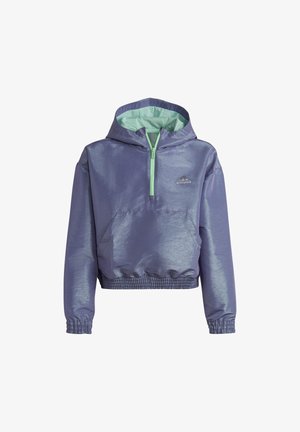 Fialový pulovr s kapucí a předním zipem, elastickým lemem a manžetami, a kontrastní mátově zelenou podšívkou. Obsahuje přední kapsu a logo.