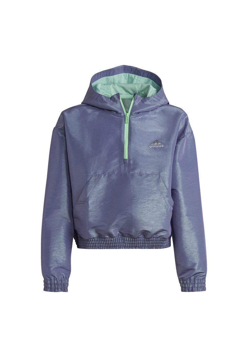 Lila huva med dragkedja fram, elastisk nederkant och ärmslut, samt en kontrasterande mintgrön innerfoder. Har en framficka och logotyp.