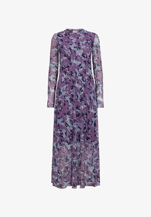 Langärmliges Kleid aus leichtem Stoff, mit einem abstrakten Muster in Lila und Blau, das eine taillierte Oberseite und einen fließenden Rock hat.