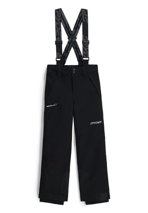 Pantalons de ski noirs avec bretelles réglables, poches zippées, chevilles renforcées et logo sur le devant. Fabriqués en matériau résistant à l'eau.