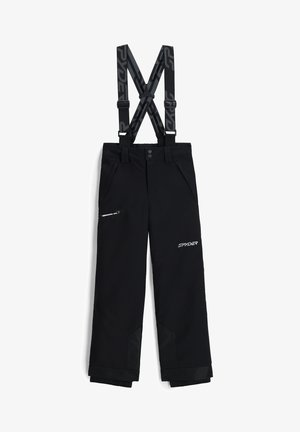 Pantaloni da sci neri con bretelle regolabili, tasche con zip, orli rinforzati e dettagli con logo sul davanti. Realizzati in materiale resistente all'acqua.