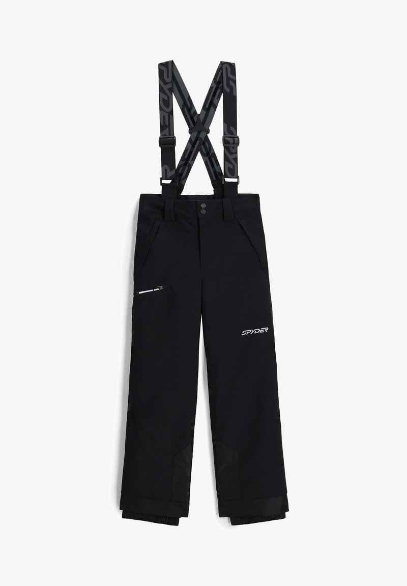 Zwarte skibroek met verstelbare bretels, ritszakken, versterkte zoom en logodetail aan de voorkant. Gemaakt van waterafstotend materiaal.