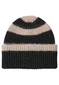 Berretto lavorato a maglia con risvolto, caratterizzato da strisce alternate di beige e grigio scuro. Morbida texture con un design a punta arrotondata.